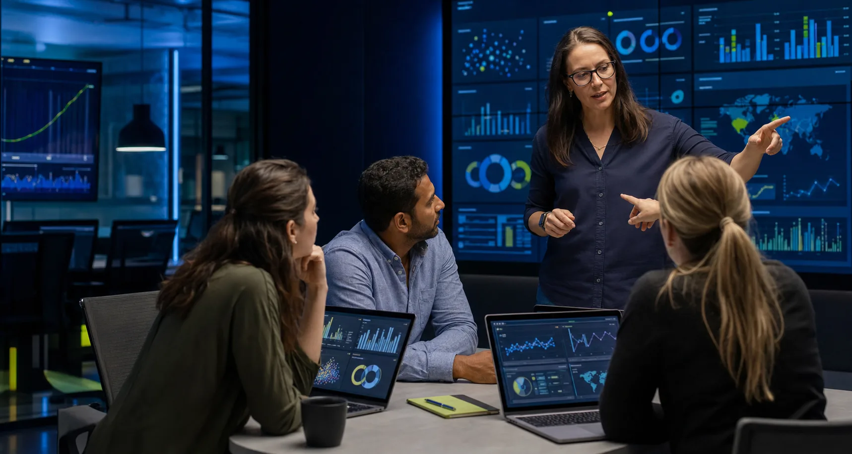 Team compares AI outputs and data visualizations during a guided working session