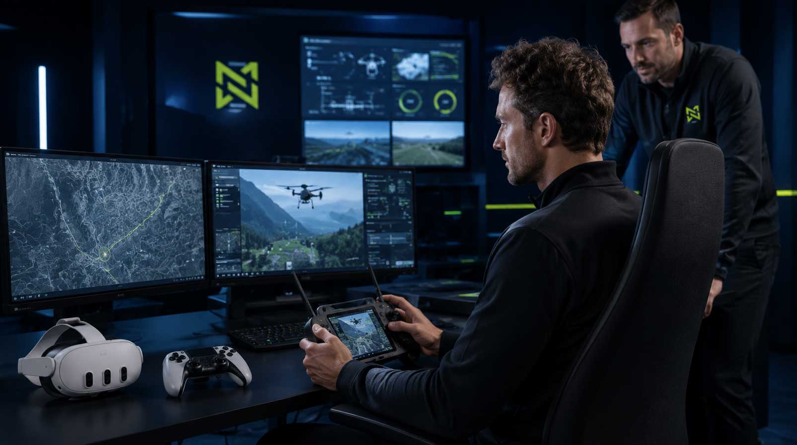 Participant operates a professional drone simulator