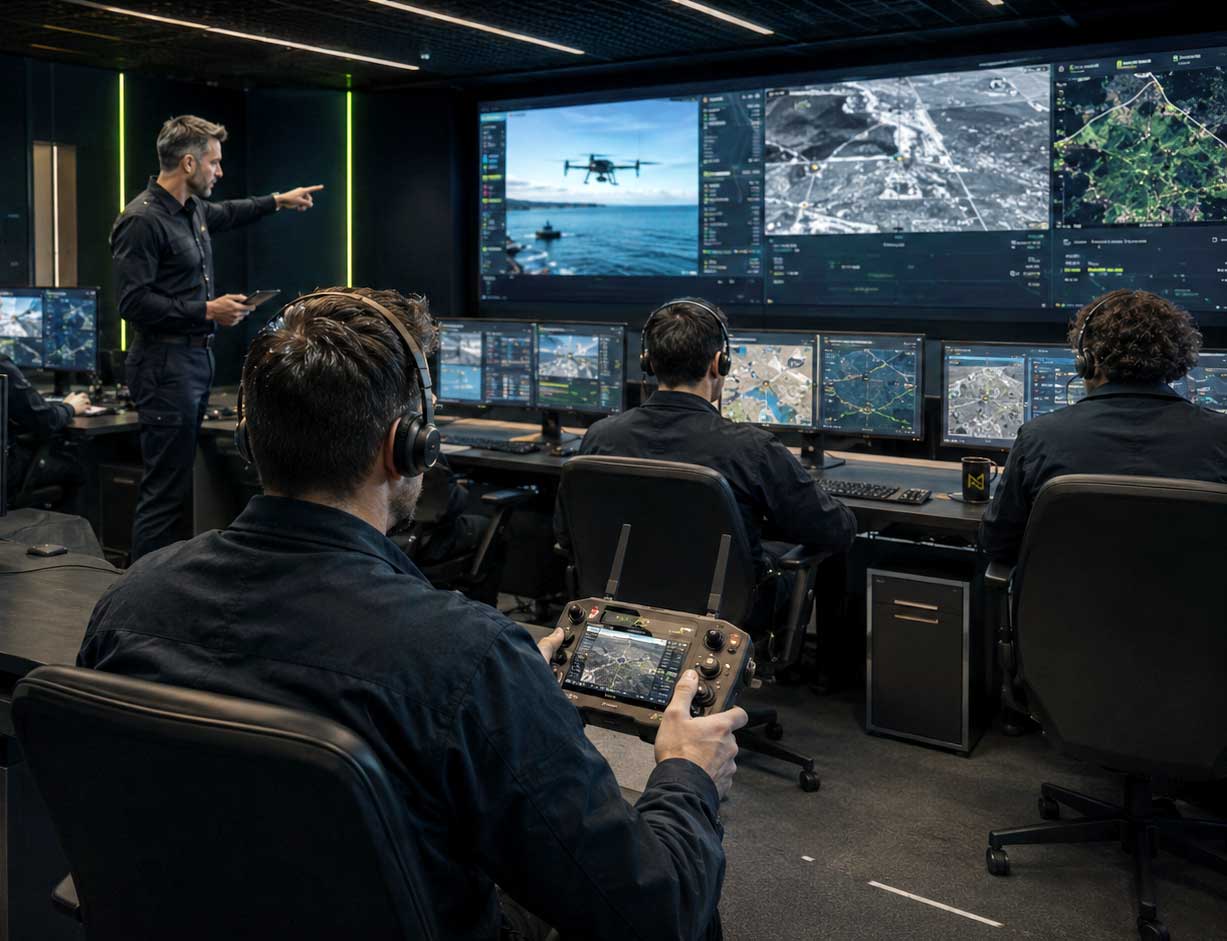 Participant operates a drone simulator in a mission-control room
