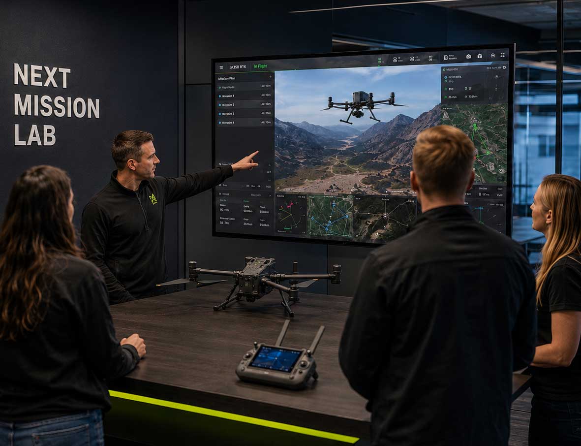Participant at a drone simulator in a mission-control room