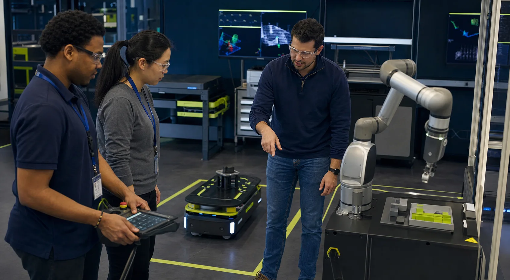 Participants operate and observe a mobile robot in a guided training environment